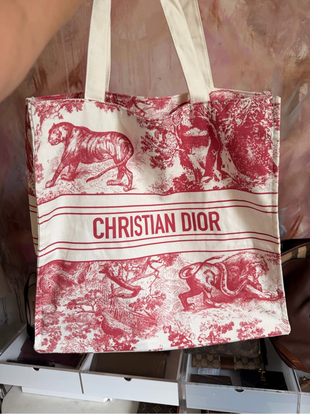 Christian Dior Red & White Toile Tote